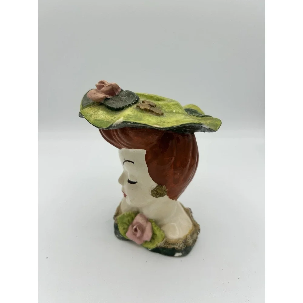Ceramic Lady Head Bust Candle Holder Green Floral Hat Pink Roses Mid Century